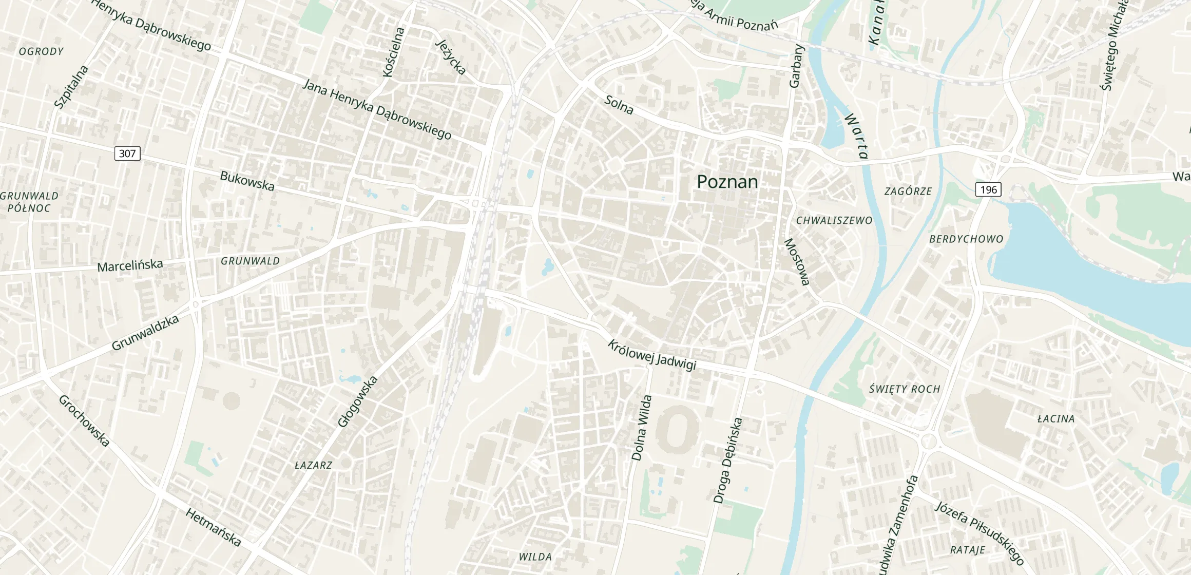 Mapa Poznania z przykładowymi miejscami prywatnymi i parkingami miejskimi